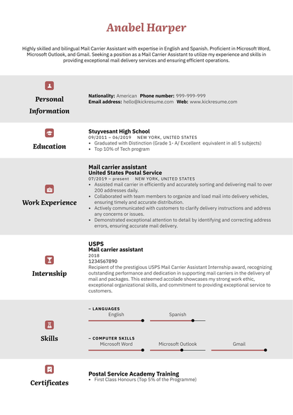Mail Carrier Assistant Resume Sample