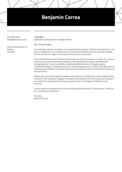 Supply Planner Cover Letter Sample