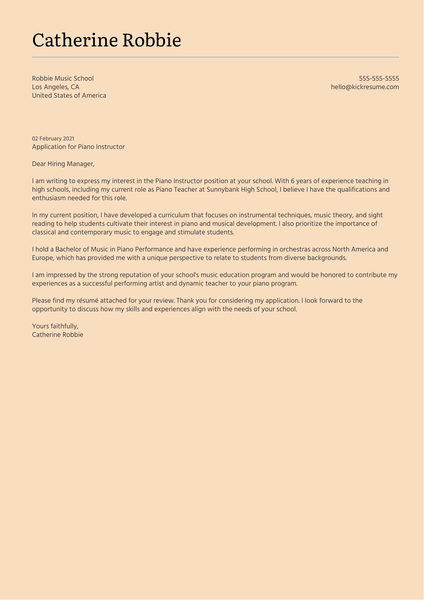 Piano Instructor Cover Letter Example