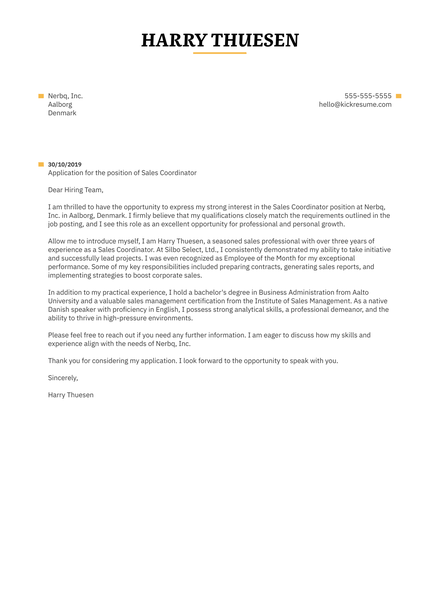 Sales Coordinator Cover Letter Sample
