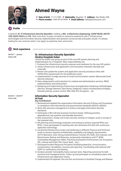Sr. IT Infrastructure Security Specialist Resume Example