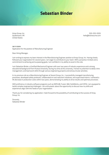 Manufacturing Engineer Cover Letter Example