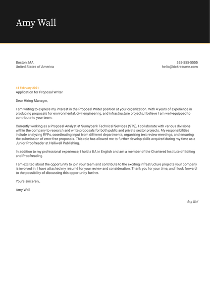 Proposal Writer Cover Letter Example