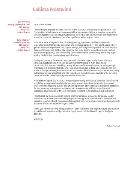 Mask IC Layout Designer Cover Letter Sample