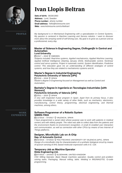 Mechanical Engineering Intern at Volvo Resume Sample
