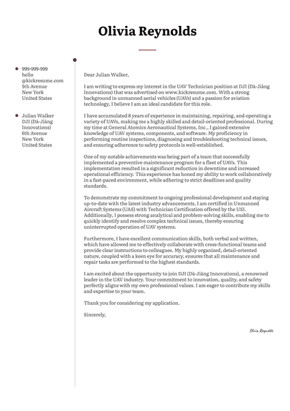 UAV Technician Cover Letter Sample