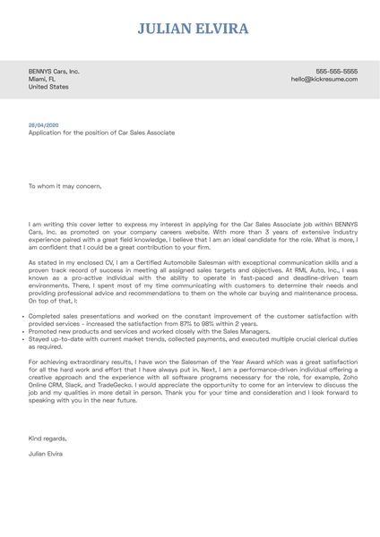Car Sales Associate Cover Letter Sample