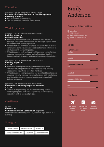 Building inspector Resume Sample