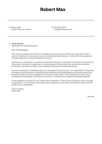 Building Inspector Cover Letter Example