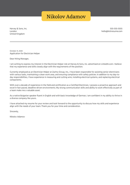 Electrician Helper Cover Letter Sample