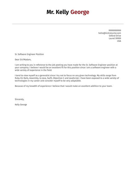 Senior Software Engineer Cover Letter Sample
