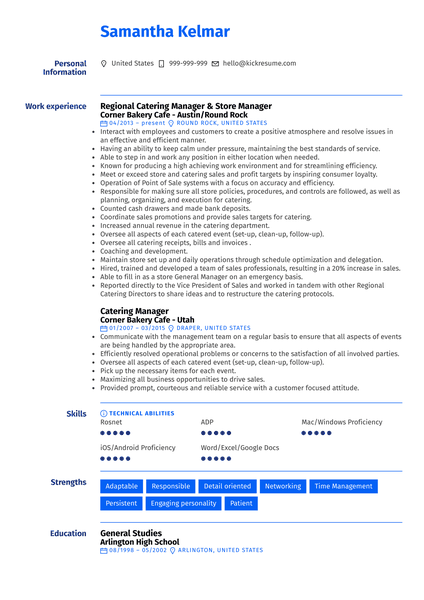 Catering Specialist at Freebirds Resume Sample