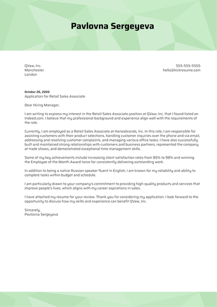 Retail Sales Associate Cover Letter Sample