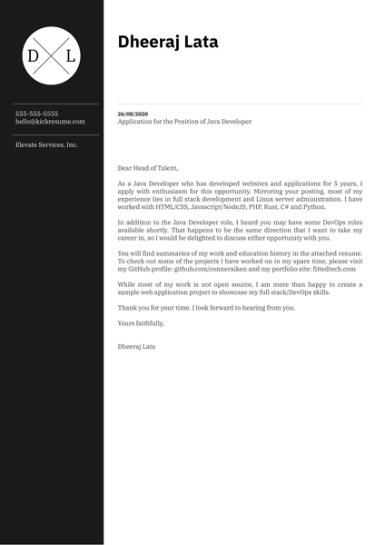 Elevate Services Java Developer Cover Letter Example