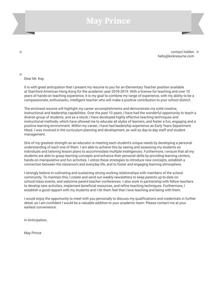 Teacher Cover Letter Sample