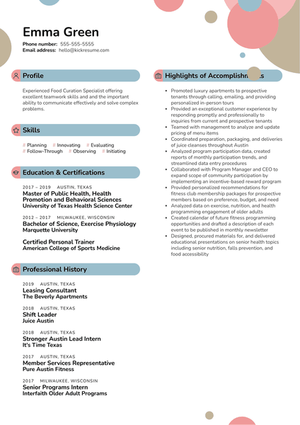 Food Curation Specialist at ZeroCater Resume Sample