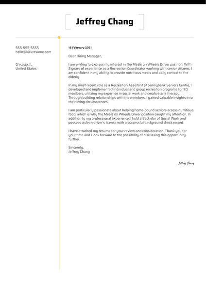 Meals on Wheals Cover Letter Sample
