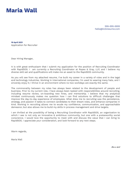 Recruiter at RapidSOS Cover Letter Example