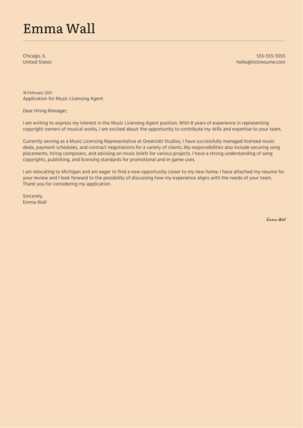 Music Licensing Agent Cover Letter Sample
