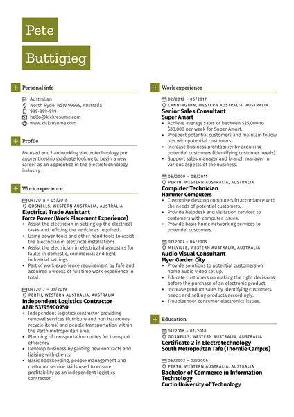 Electrical Assistant CV Example