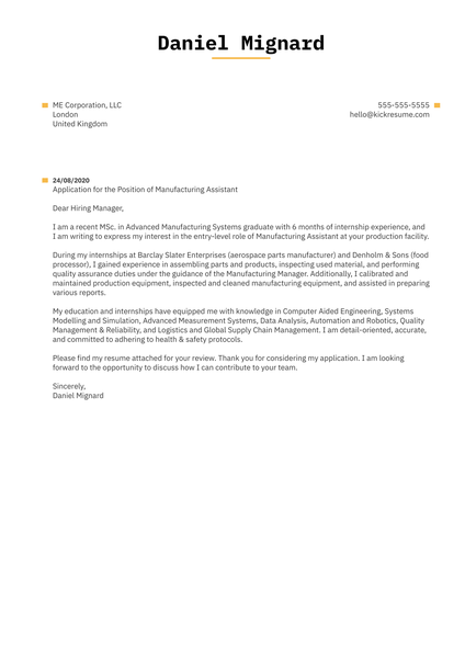 Manufacturing Assistant Cover Letter Example