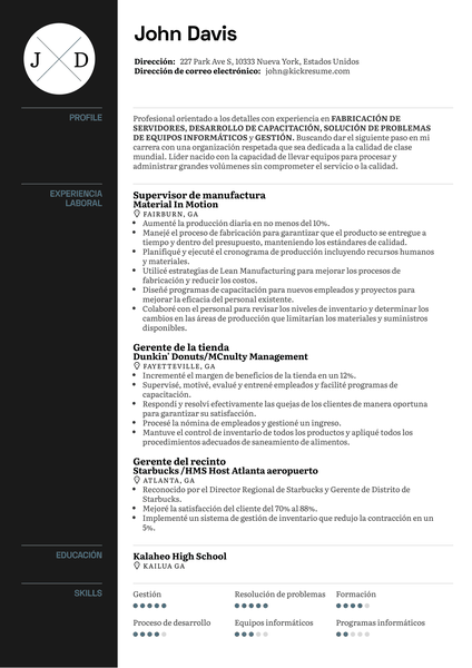 Supervisor de fabricación del servidor en Google currículum ejemplo [ES]