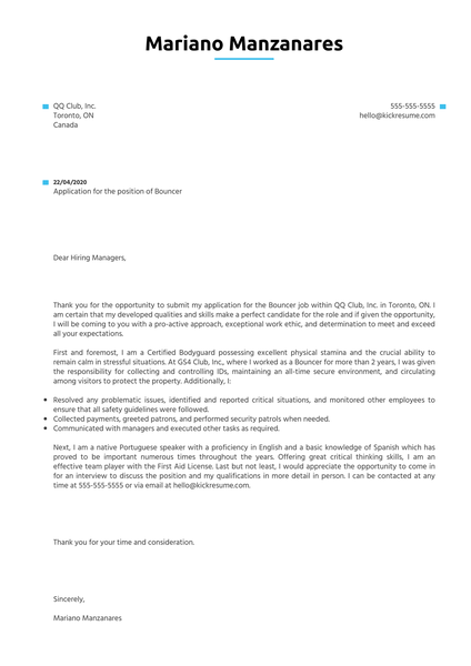 Bouncer Cover Letter Sample