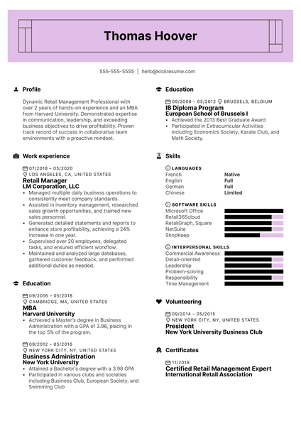 Modern Retail Management Resume Example