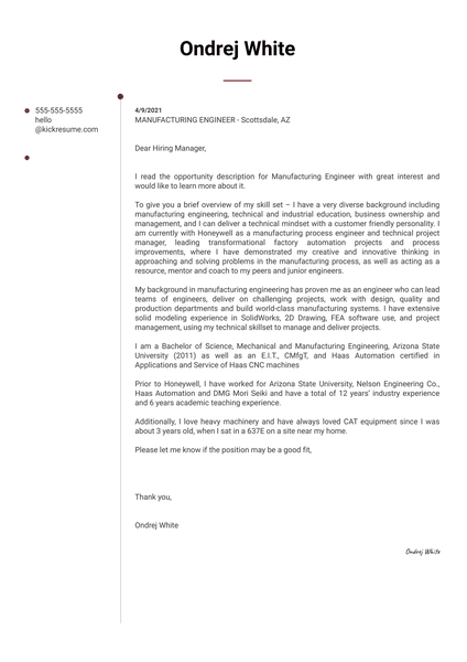 Manufacturing Engineer at Empire CAT Cover Letter Sample