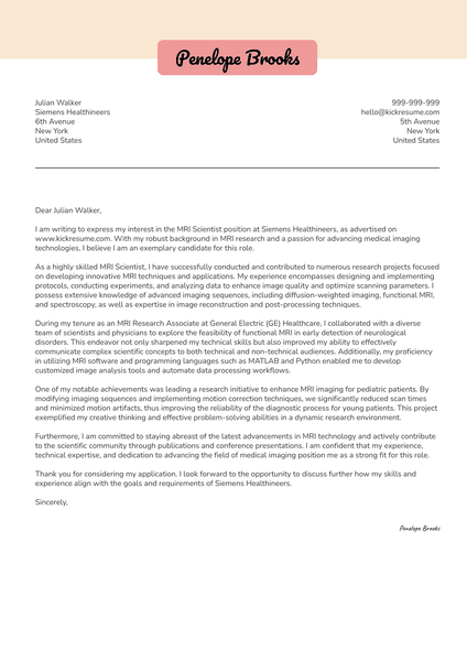 MRI Scientist Cover Letter Sample