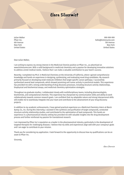Medicinal Chemist Cover Letter Sample