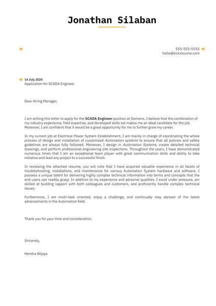 Siemens SCADA Engineer Cover Letter Template