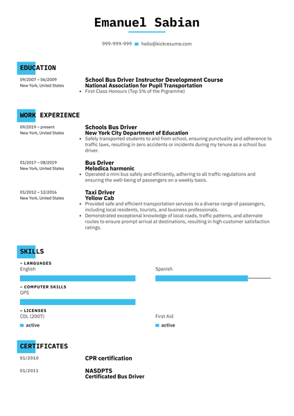 School Bus Driver Resume Sample