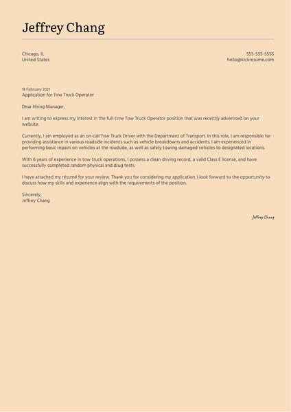 Tow Truck Operator Cover Letter Sample