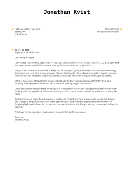 Audit Clerk Cover Letter Sample