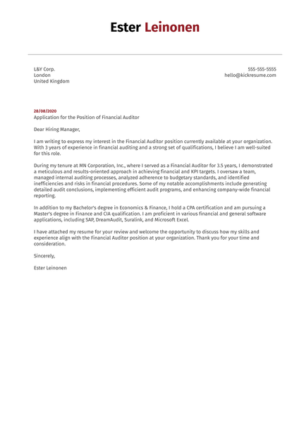 Financial Auditor Cover Letter Example
