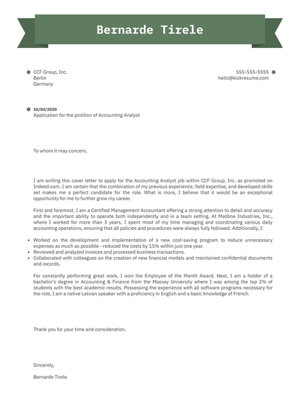 Accounting Analyst Cover Letter Sample