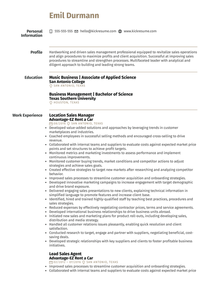 Location Sales Manager at Advantage-EZ Rent a Car Resume Sample