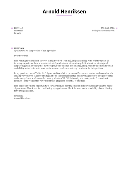 Tax Specialist Cover Letter Example
