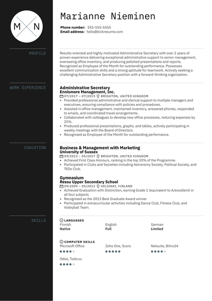 Administrative Secretary Resume Sample