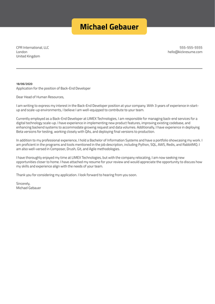 Back-end Developer Cover Letter Example