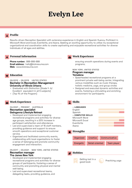 Recreation specialist Resume Sample