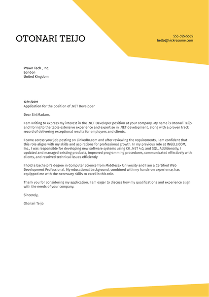 .NET Developer Cover Letter Example