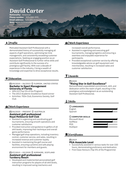 Assistant golf professional Resume Sample
