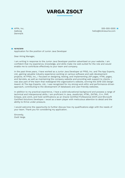Junior Java Developer Cover Letter Sample