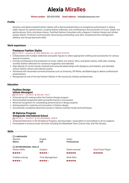 Fashion Stylist Resume Example