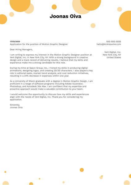 Motion Graphic Designer Cover Letter Template
