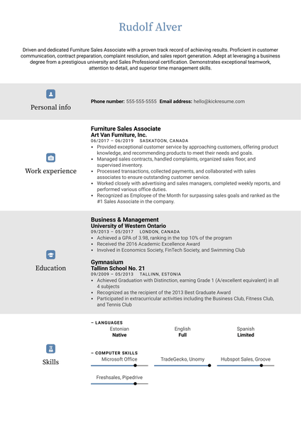 Furniture Sales Associate Resume Sample