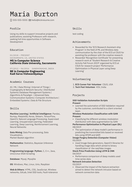 Intel Graduate Intern Resume Example