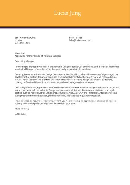 Industrial Designer Cover Letter Example